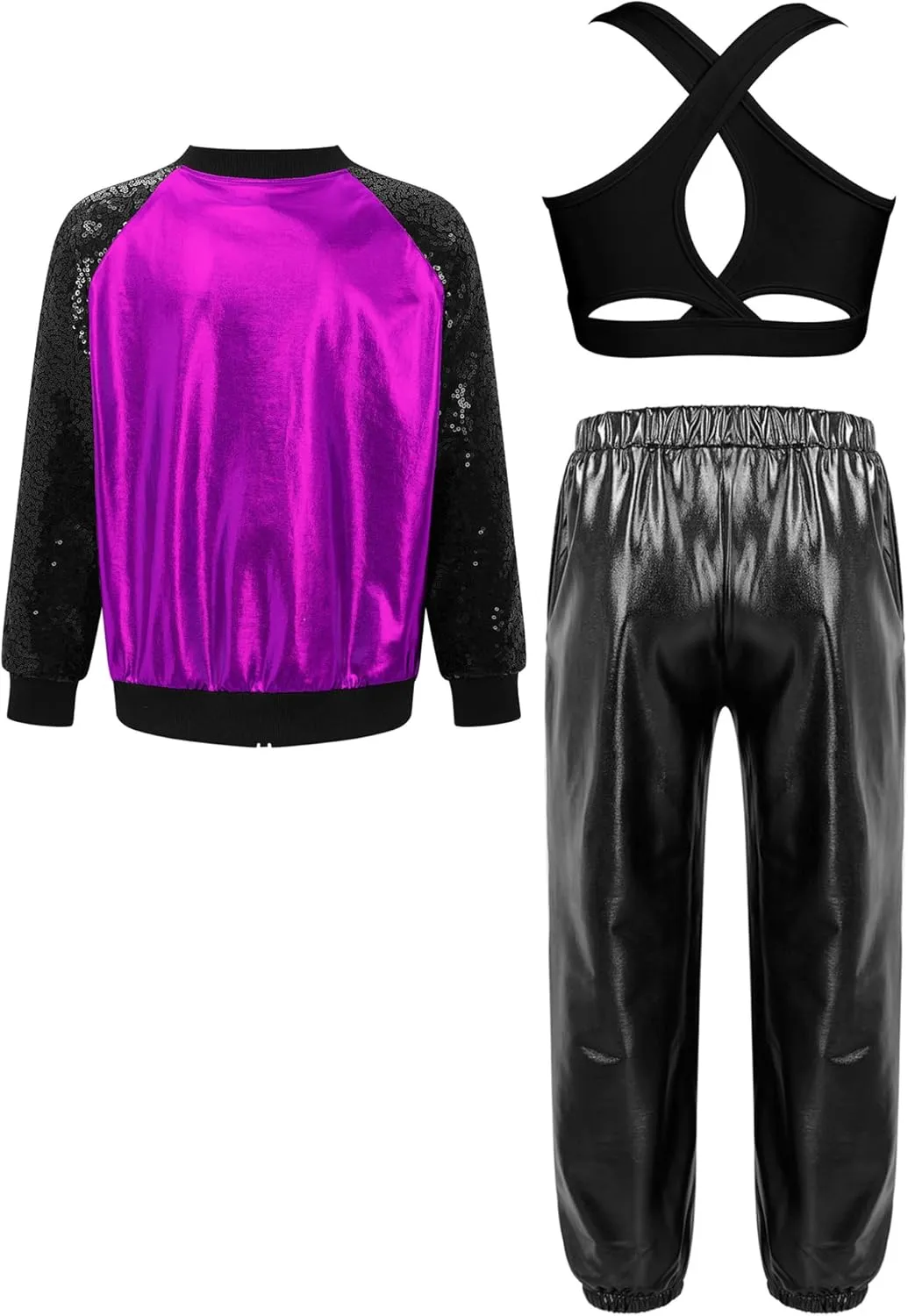 Hularka Kids Girls Hip Hop Street Dance Outfits Sequins Long Sleeve Bomber Jacket and Shiny Metallic Harem Pants Set