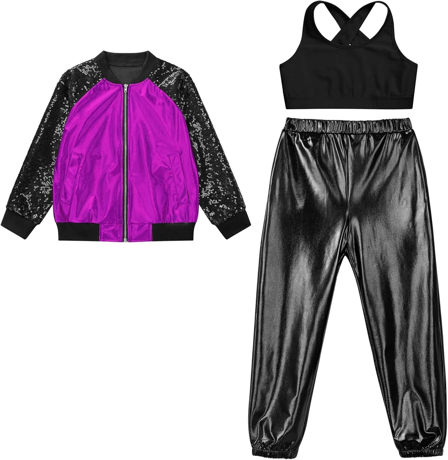 Hularka Kids Girls Hip Hop Street Dance Outfits Sequins Long Sleeve Bomber Jacket and Shiny Metallic Harem Pants Set