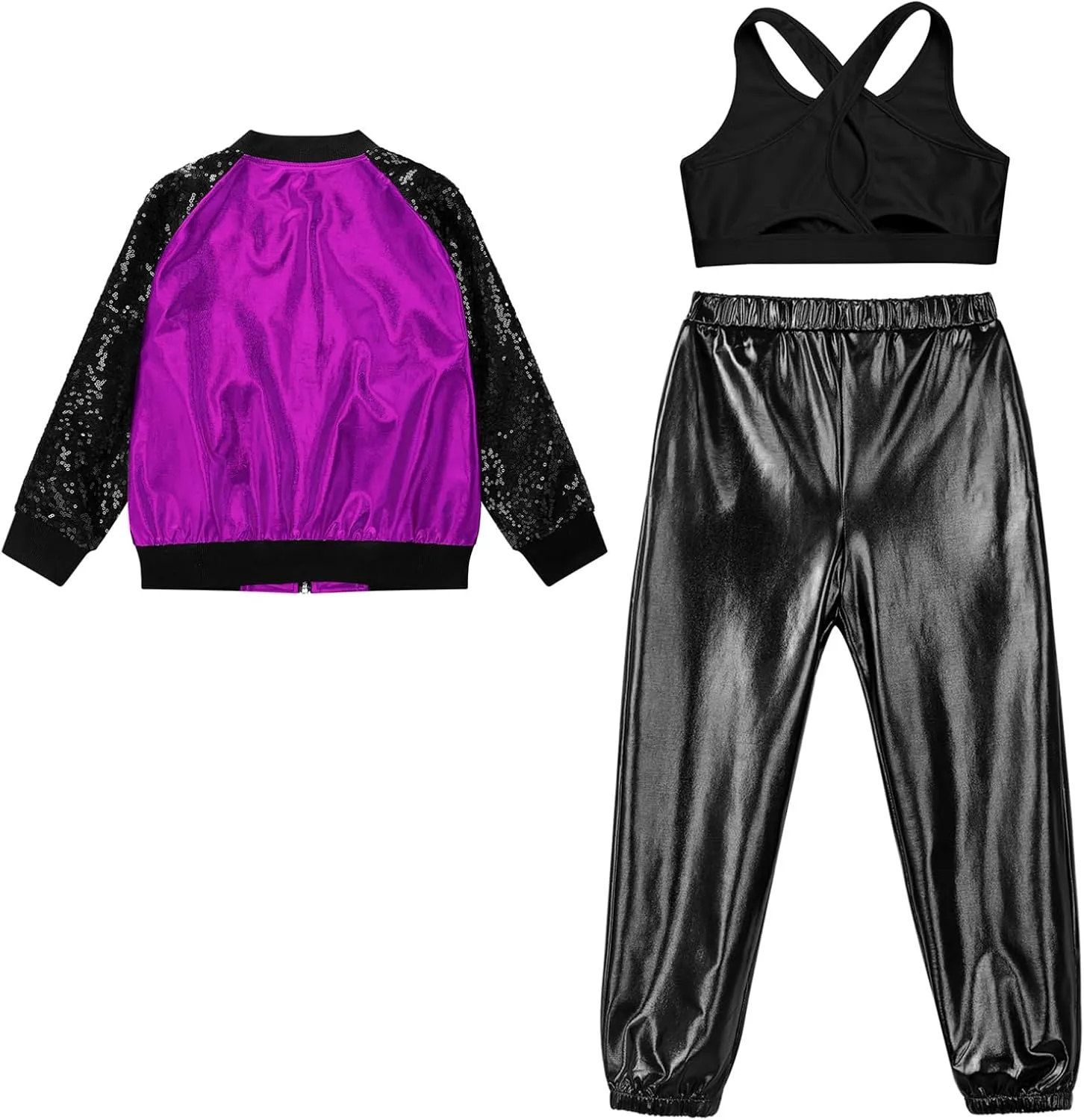 Hularka Kids Girls Hip Hop Street Dance Outfits Sequins Long Sleeve Bomber Jacket and Shiny Metallic Harem Pants Set
