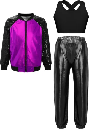 Hularka Kids Girls Hip Hop Street Dance Outfits Sequins Long Sleeve Bomber Jacket and Shiny Metallic Harem Pants Set