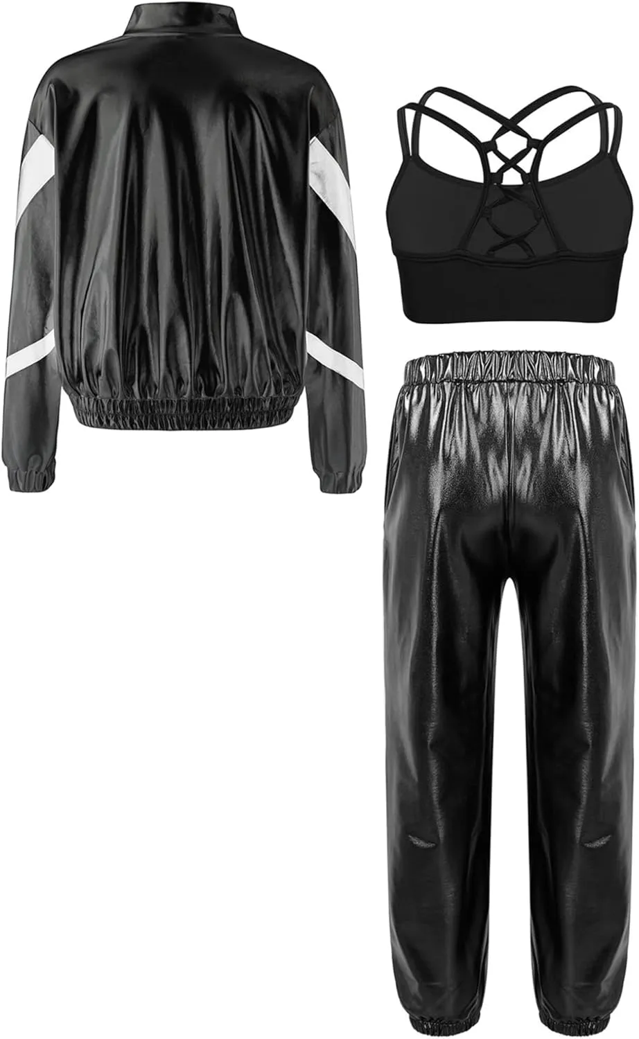 Hularka Kids Girls Long Sleeve Bomber Jacket Spaghetti Straps Criss Cross Back Vest Dance Crop Top with Harem Pants Set