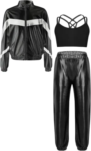 Hularka Kids Girls Long Sleeve Bomber Jacket Spaghetti Straps Criss Cross Back Vest Dance Crop Top with Harem Pants Set
