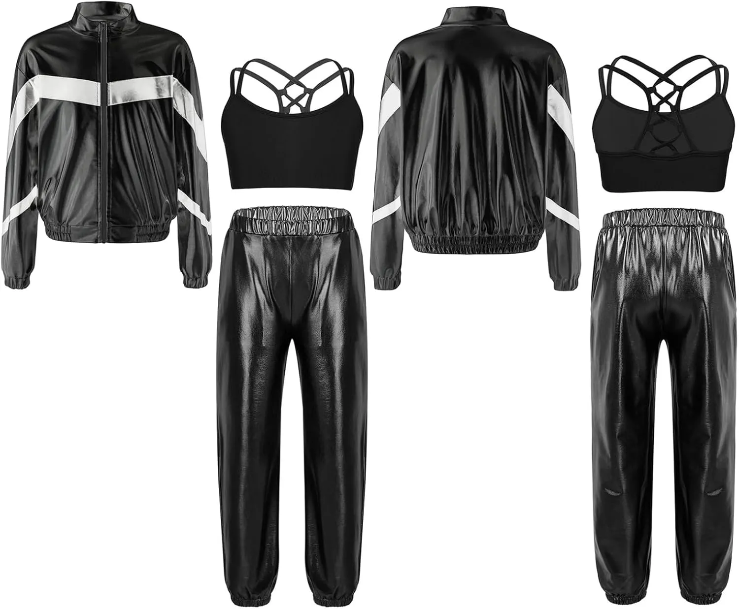 Hularka Kids Girls Long Sleeve Bomber Jacket Spaghetti Straps Criss Cross Back Vest Dance Crop Top with Harem Pants Set