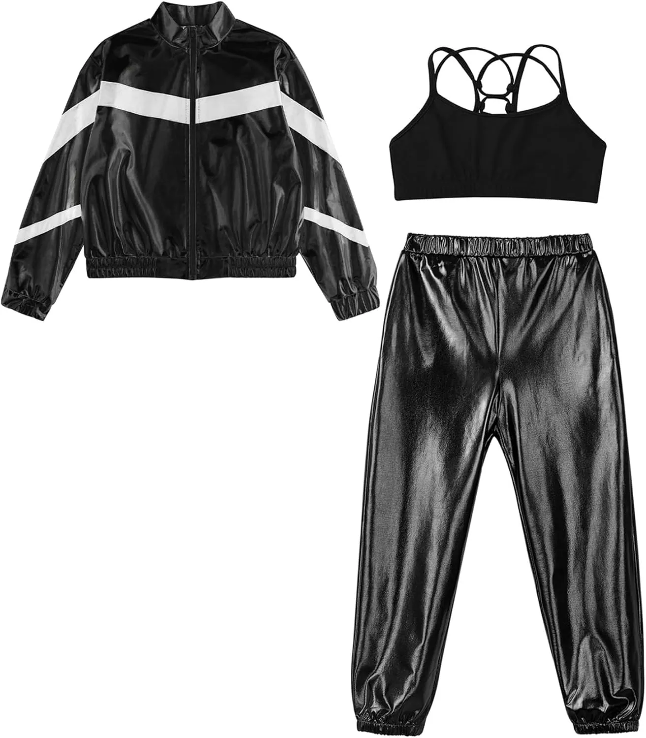 Hularka Kids Girls Long Sleeve Bomber Jacket Spaghetti Straps Criss Cross Back Vest Dance Crop Top with Harem Pants Set