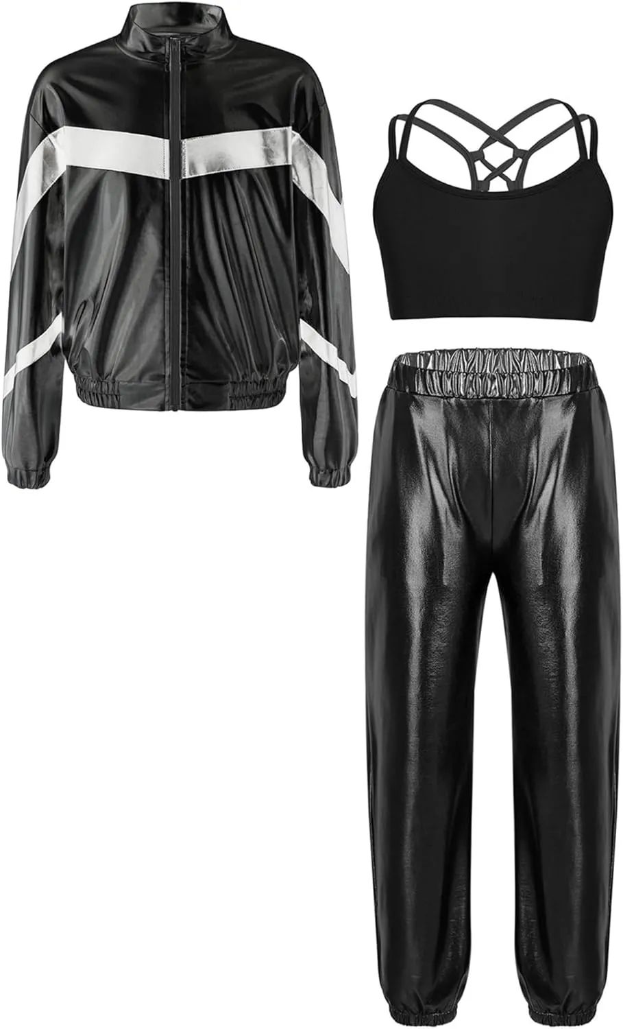 Hularka Kids Girls Long Sleeve Bomber Jacket Spaghetti Straps Criss Cross Back Vest Dance Crop Top with Harem Pants Set