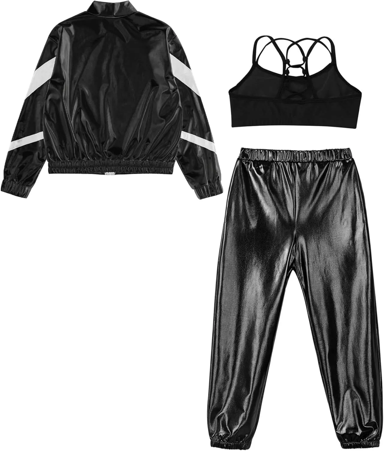 Hularka Kids Girls Long Sleeve Bomber Jacket Spaghetti Straps Criss Cross Back Vest Dance Crop Top with Harem Pants Set