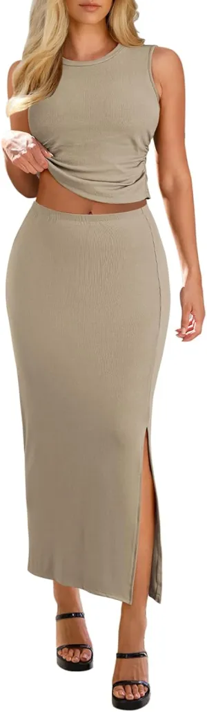 HUUSA Womens Two Piece Outfits Summer Bodycon Sleeveless Crewneck Crop Tank Tops Ribbed Split Long Skirt Dress Set