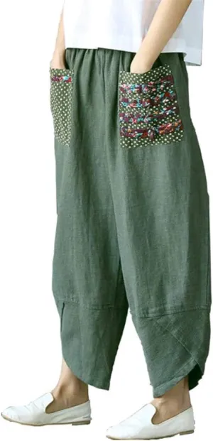 Hwayslon Women's Baggy Linen Wide Leg Trousers Casual Patchwork Elastic Waist Harem Pants Harlan Pants M -XXL