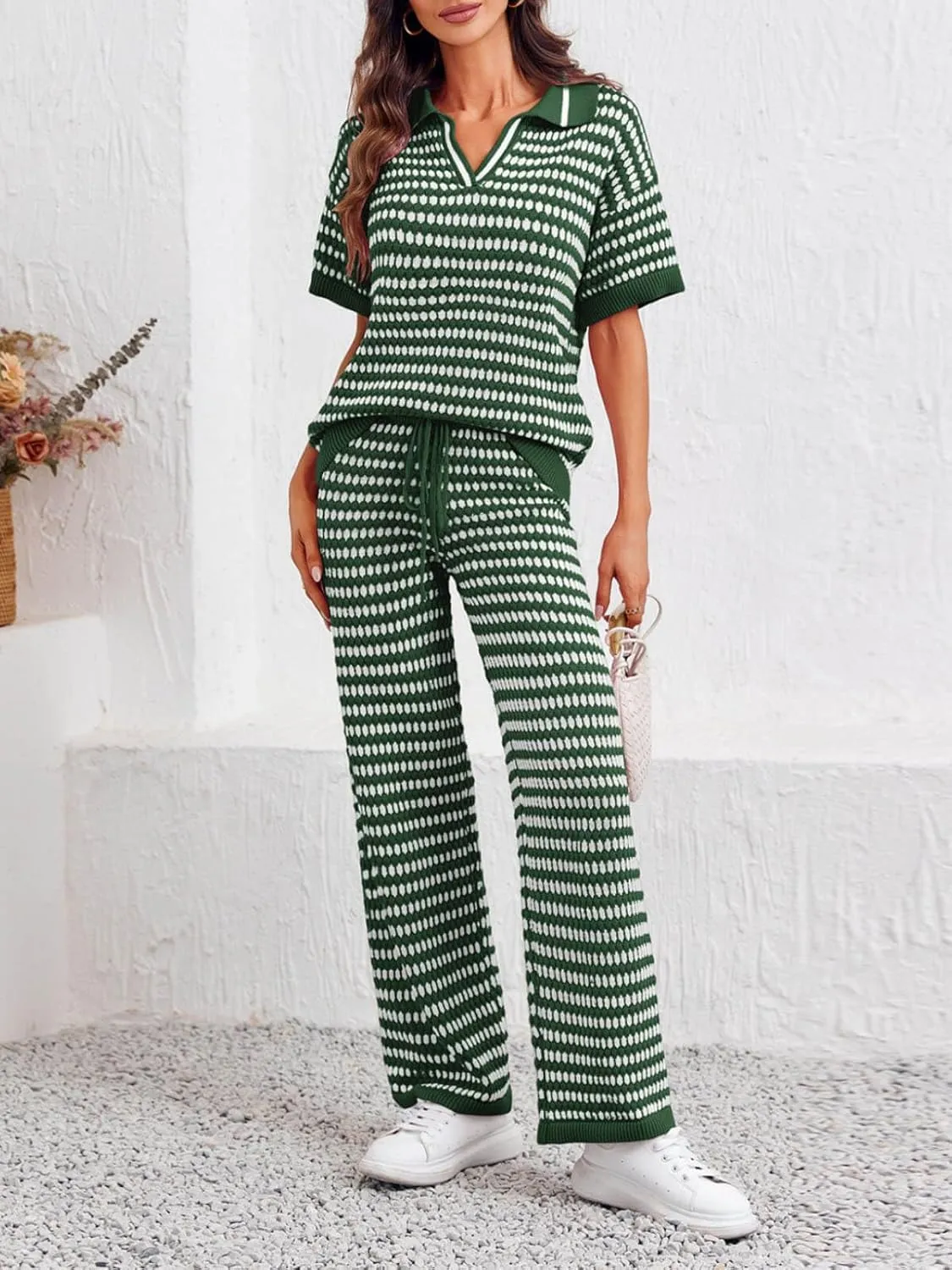 Imily Bela Womens 2 Piece Outfits Striped Short Sleeve Sweater Tops Knit Sets Wide Leg Pants Lounge Set