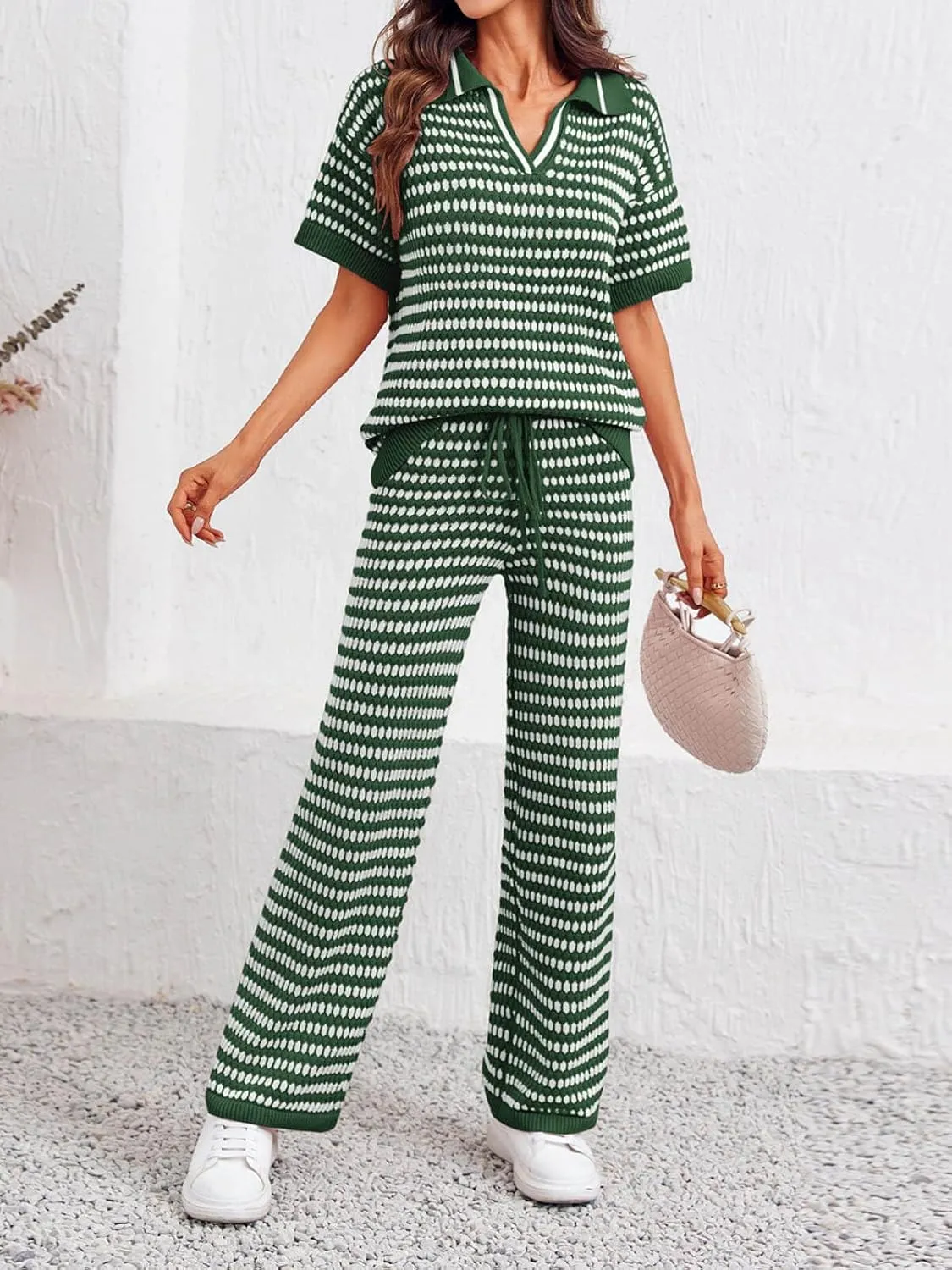 Imily Bela Womens 2 Piece Outfits Striped Short Sleeve Sweater Tops Knit Sets Wide Leg Pants Lounge Set