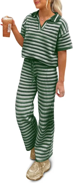 Imily Bela Womens 2 Piece Outfits Striped Short Sleeve Sweater Tops Knit Sets Wide Leg Pants Lounge Set