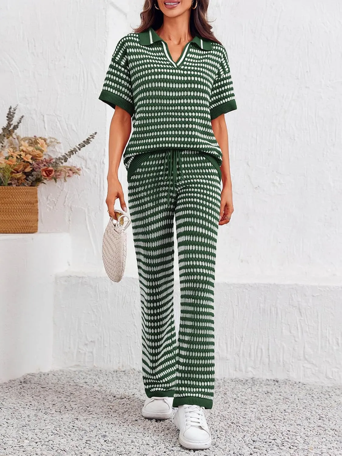 Imily Bela Womens 2 Piece Outfits Striped Short Sleeve Sweater Tops Knit Sets Wide Leg Pants Lounge Set