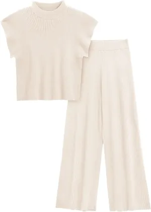 Imily Bela Women's 2 Piece Outfits Sweater Knit Sets Mock Neck Short Sleeve Tops Wide Leg Pants Casual Tracksuit