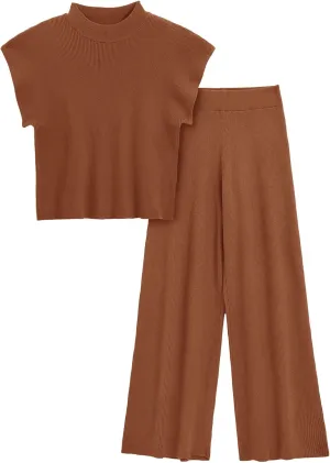 Imily Bela Women's 2 Piece Outfits Sweater Knit Sets Mock Neck Short Sleeve Tops Wide Leg Pants Casual Tracksuit
