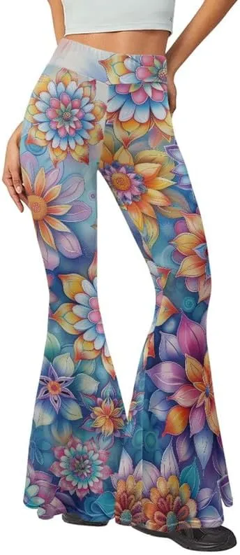 Irisjudy Hawaii Floral Flare Leggings for Women 30" Tummy Control Bootcut Yoga Pants High Waisted Casual Business Work Pants