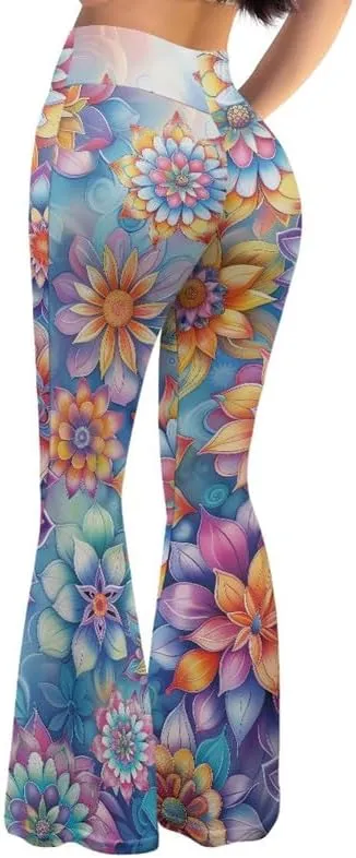 Irisjudy Hawaii Floral Flare Leggings for Women 30" Tummy Control Bootcut Yoga Pants High Waisted Casual Business Work Pants