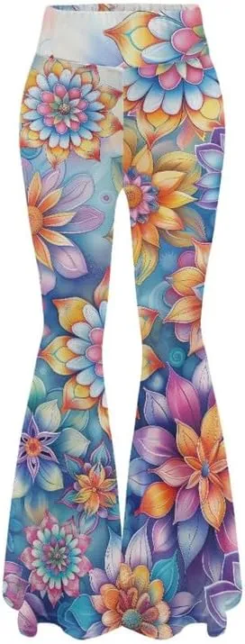 Irisjudy Hawaii Floral Flare Leggings for Women 30" Tummy Control Bootcut Yoga Pants High Waisted Casual Business Work Pants