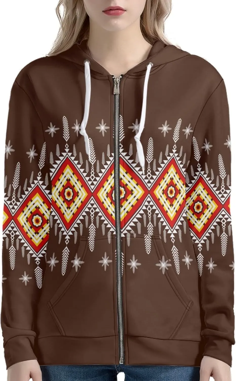 Irisjudy Women's Loose-Fit Hoodies Plus Size, Dog Paws Zipper Sweatshirt for Gym Fitness Indian Tribal Long-Sleeve Tops