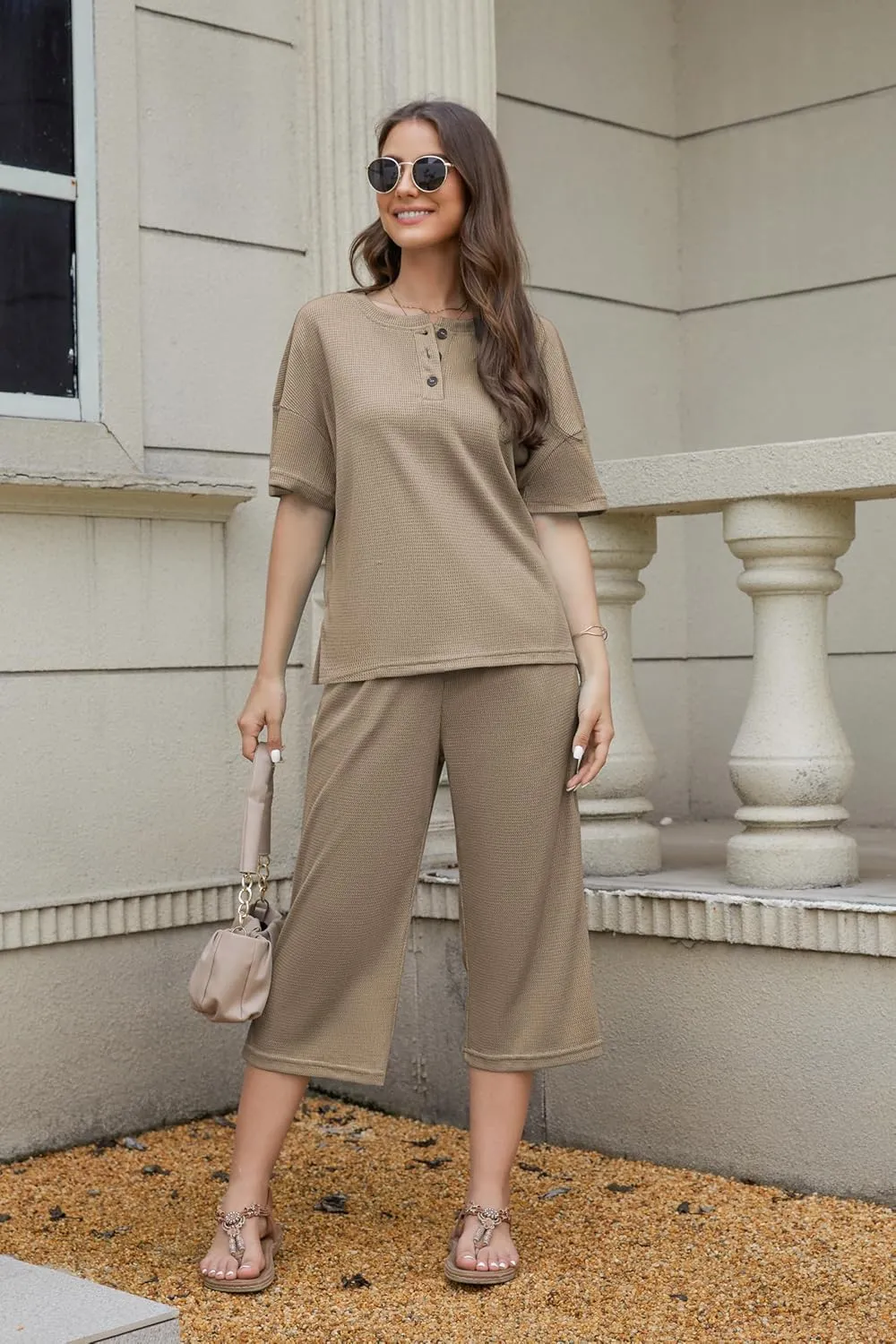 JiniGolla Womens Pajama Sets Soft Waffle Short Sleeve Sleepwear Tops and Capri Pants with Pockets 2 Piece Loungewear