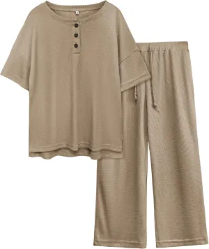 JiniGolla Womens Pajama Sets Soft Waffle Short Sleeve Sleepwear Tops and Capri Pants with Pockets 2 Piece Loungewear