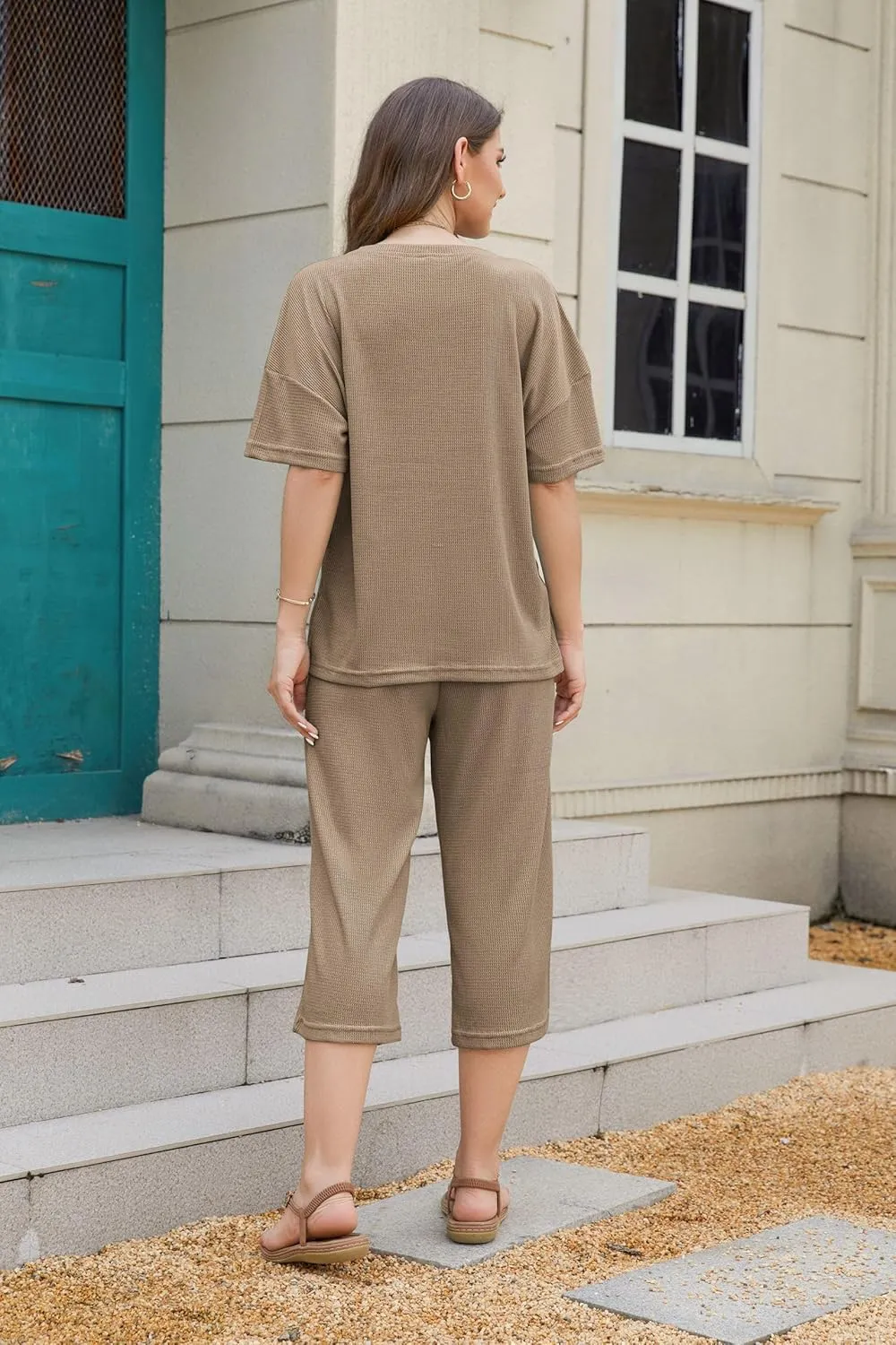 JiniGolla Womens Pajama Sets Soft Waffle Short Sleeve Sleepwear Tops and Capri Pants with Pockets 2 Piece Loungewear