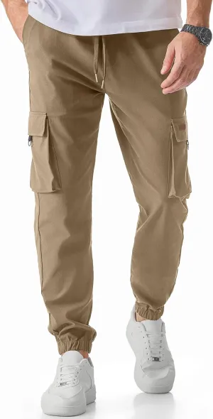 JMIERR Mens Cargo Pants Casual Lightweight Elastic Waist Drawstring Tapered Pant with Pockets