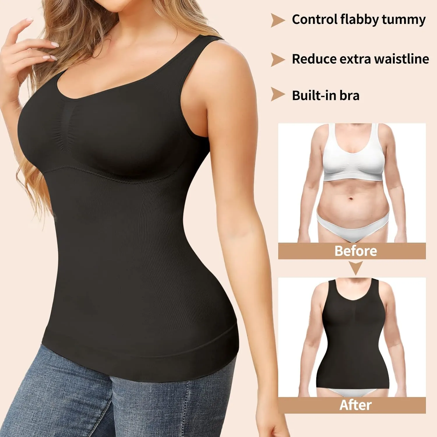 JOYSHAPER Cami Shaper for Women Tummy Control Shapewear Tank Tops with Built-in Bra Compression Camisole Padded Bra