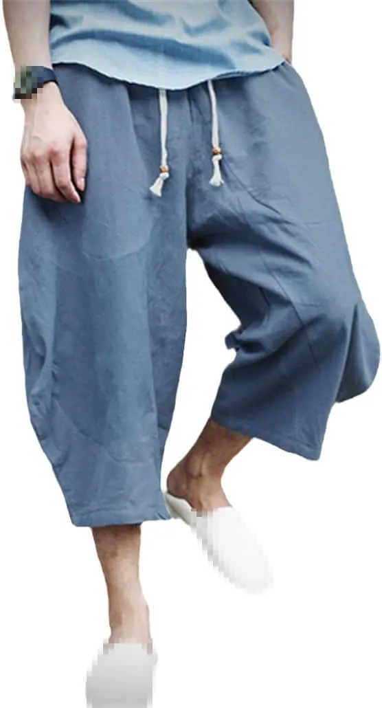 keusyoi Men Cotton Linen Baggy Wide Leg Pants Men Hip Hop Harem Pants Men's Calf-Length Pants Trousers