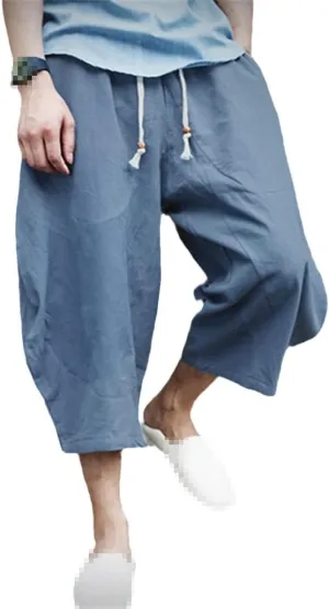 keusyoi Men Cotton Linen Baggy Wide Leg Pants Men Hip Hop Harem Pants Men's Calf-Length Pants Trousers