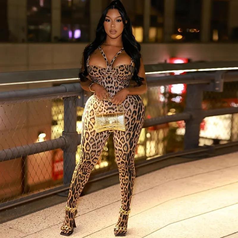 ksotutm Sexy Jumpsuits for Women Sleeveless Halter Top and Pants with Socks Leopard Print Club Outfits