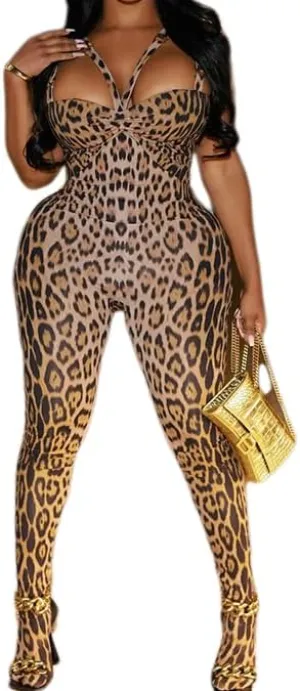 ksotutm Sexy Jumpsuits for Women Sleeveless Halter Top and Pants with Socks Leopard Print Club Outfits