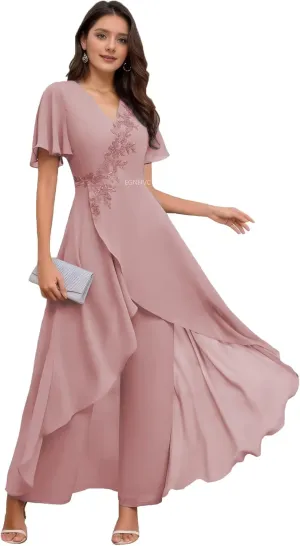 Lace Dusty Rose Pant Suits for Women 2025 with Sleeves Mother of The Bride Pant Suits Spring V Neck Wedding Dress for Bride 8