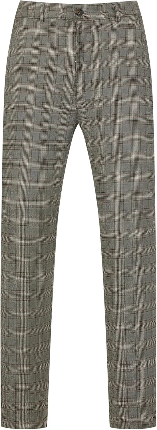 Lars Amadeus Plaid Pants for Men's Slim Fit Flat Front Business Dress Chinos Plaid Pants