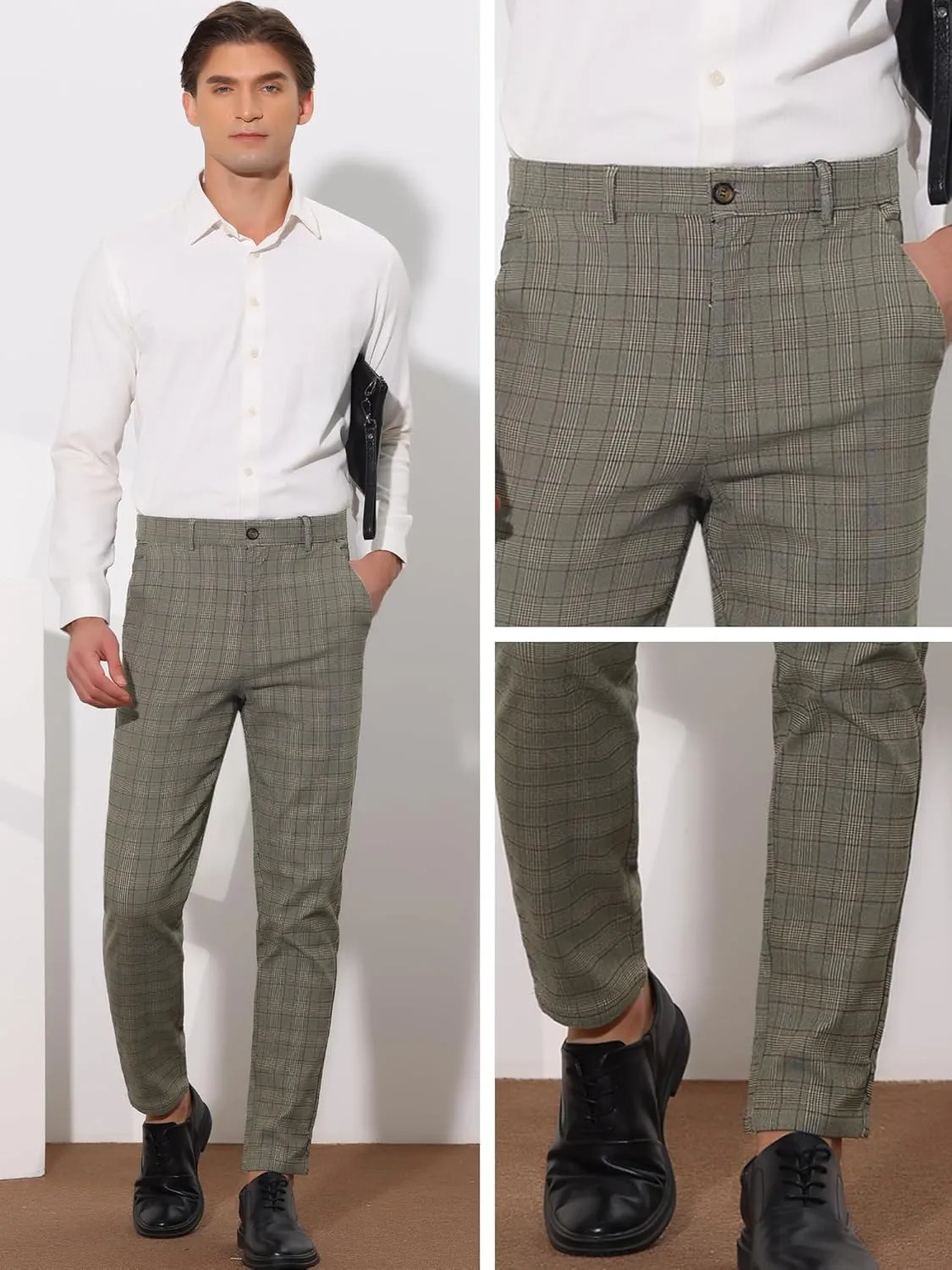Lars Amadeus Plaid Pants for Men's Slim Fit Flat Front Business Dress Chinos Plaid Pants