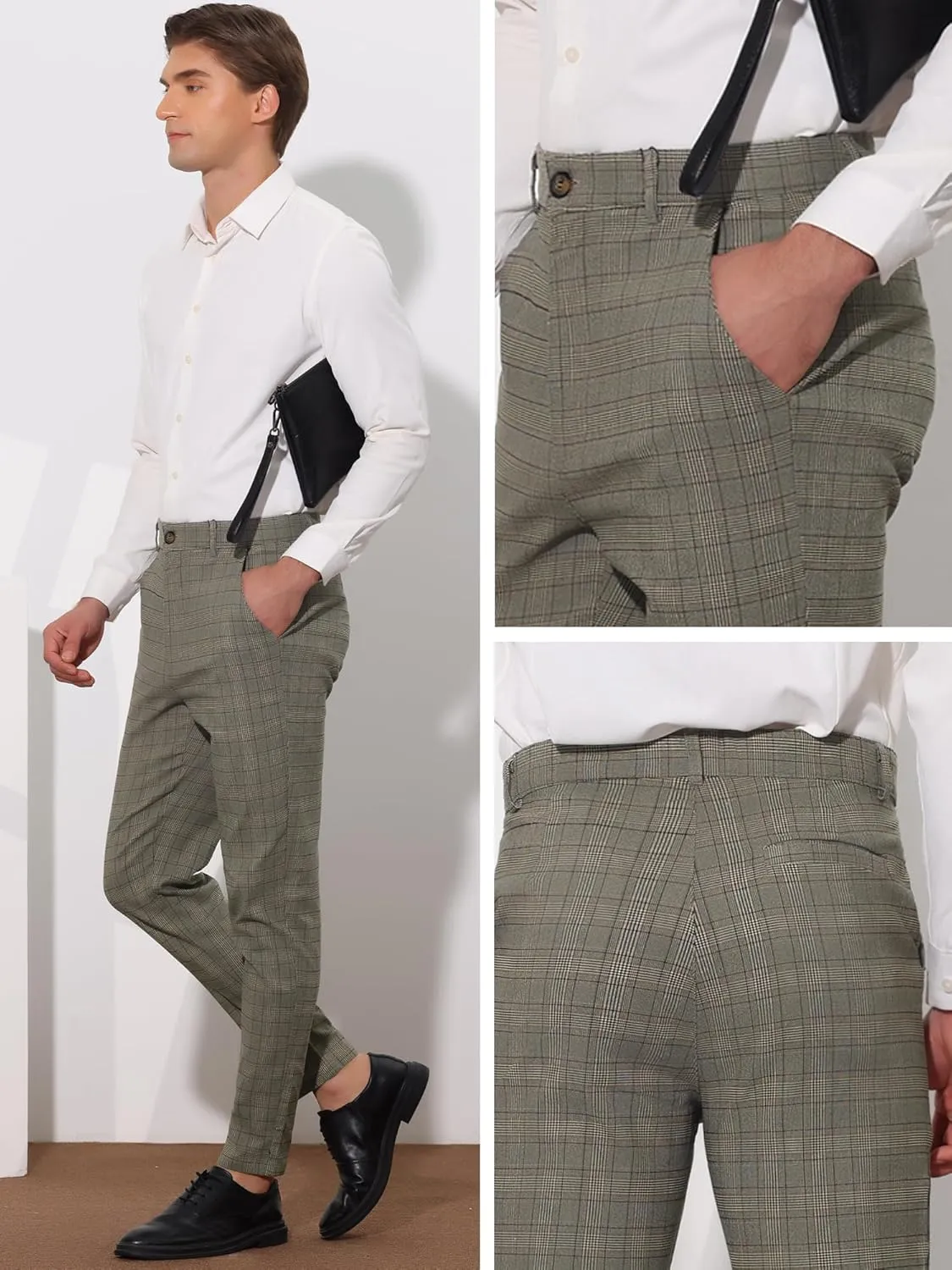 Lars Amadeus Plaid Pants for Men's Slim Fit Flat Front Business Dress Chinos Plaid Pants