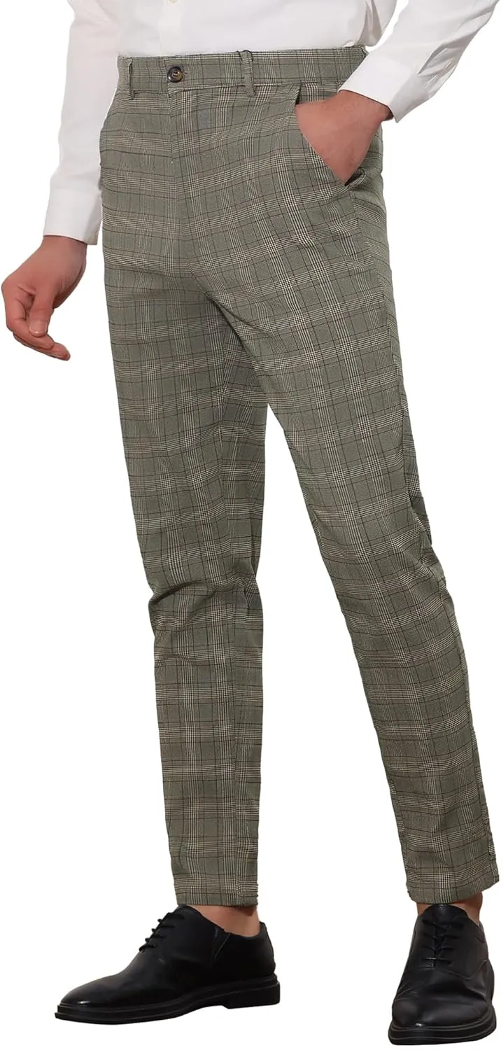 Lars Amadeus Plaid Pants for Men's Slim Fit Flat Front Business Dress Chinos Plaid Pants