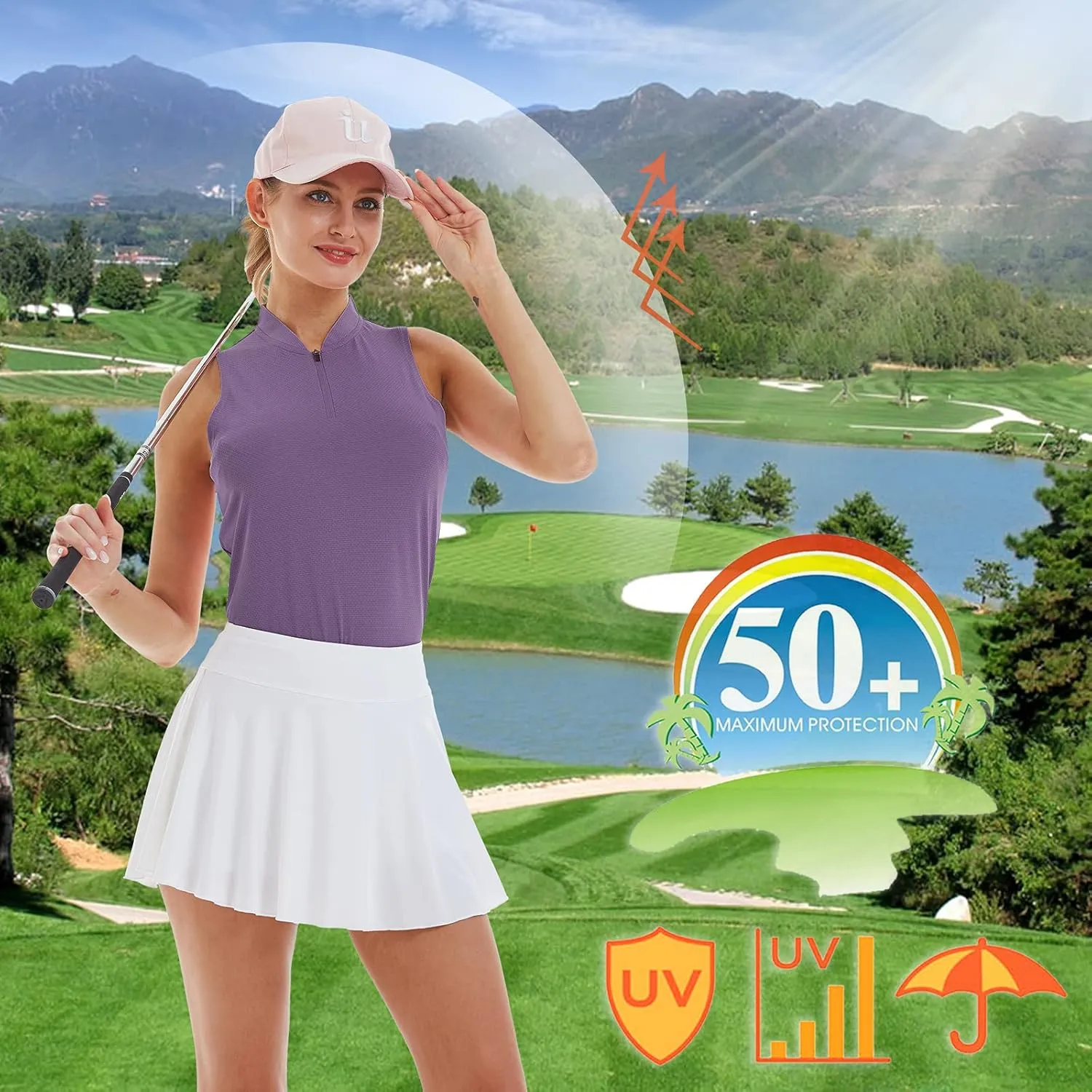 LastFor1 Women's Golf Polo Sleeveless Shirt Zip-Up UPF 50  UV Protection Athletic Tops Slim Fit Quick Dry Lightweight
