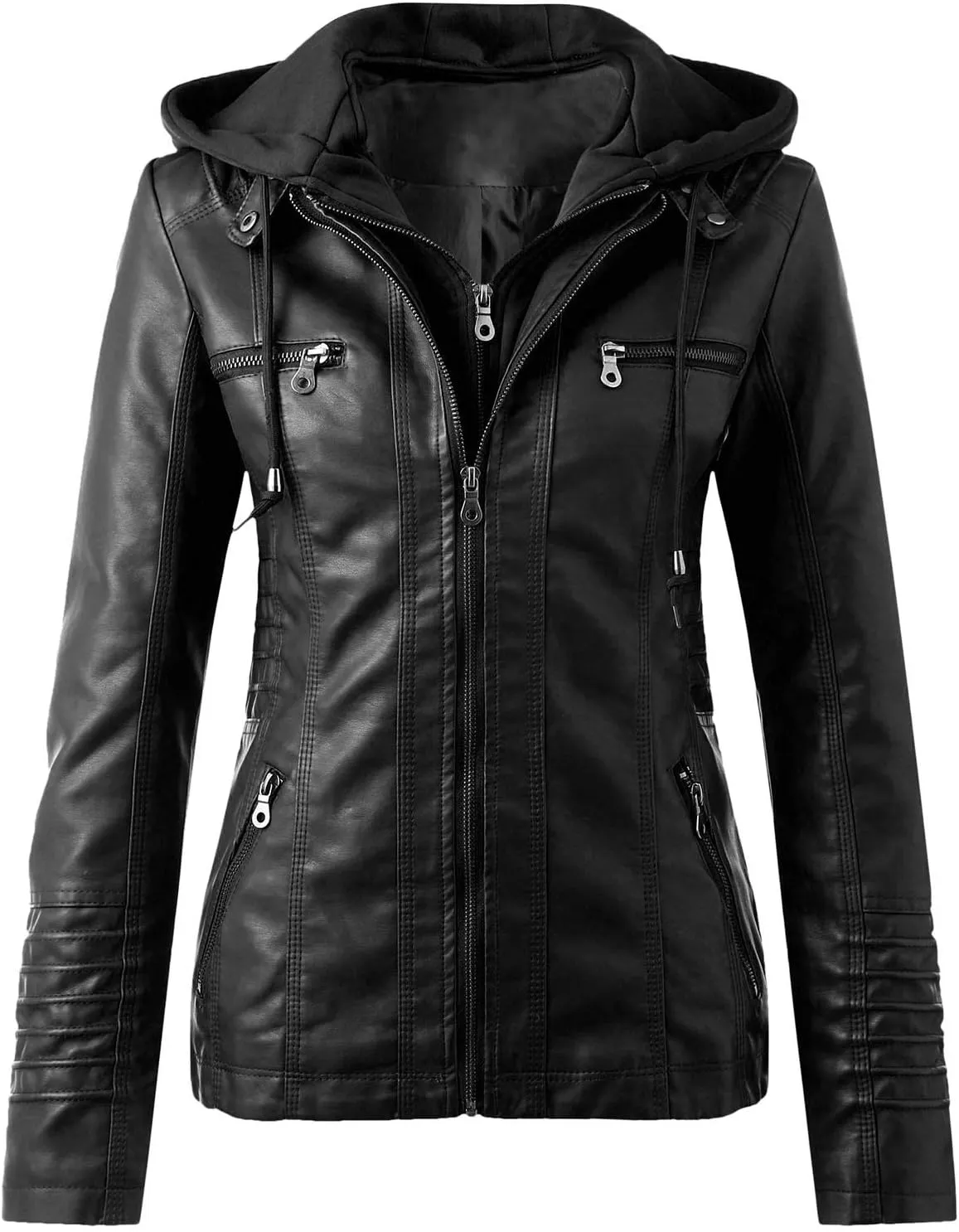 Leather Women's Slim Zip Belt Tops Stand Suit Motorcycle Coat Women's Coat Leather Sweater Jacket Women (Black, M)