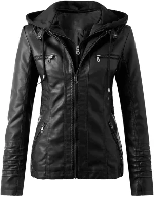 Leather Women's Slim Zip Belt Tops Stand Suit Motorcycle Coat Women's Coat Leather Sweater Jacket Women (Black, M)
