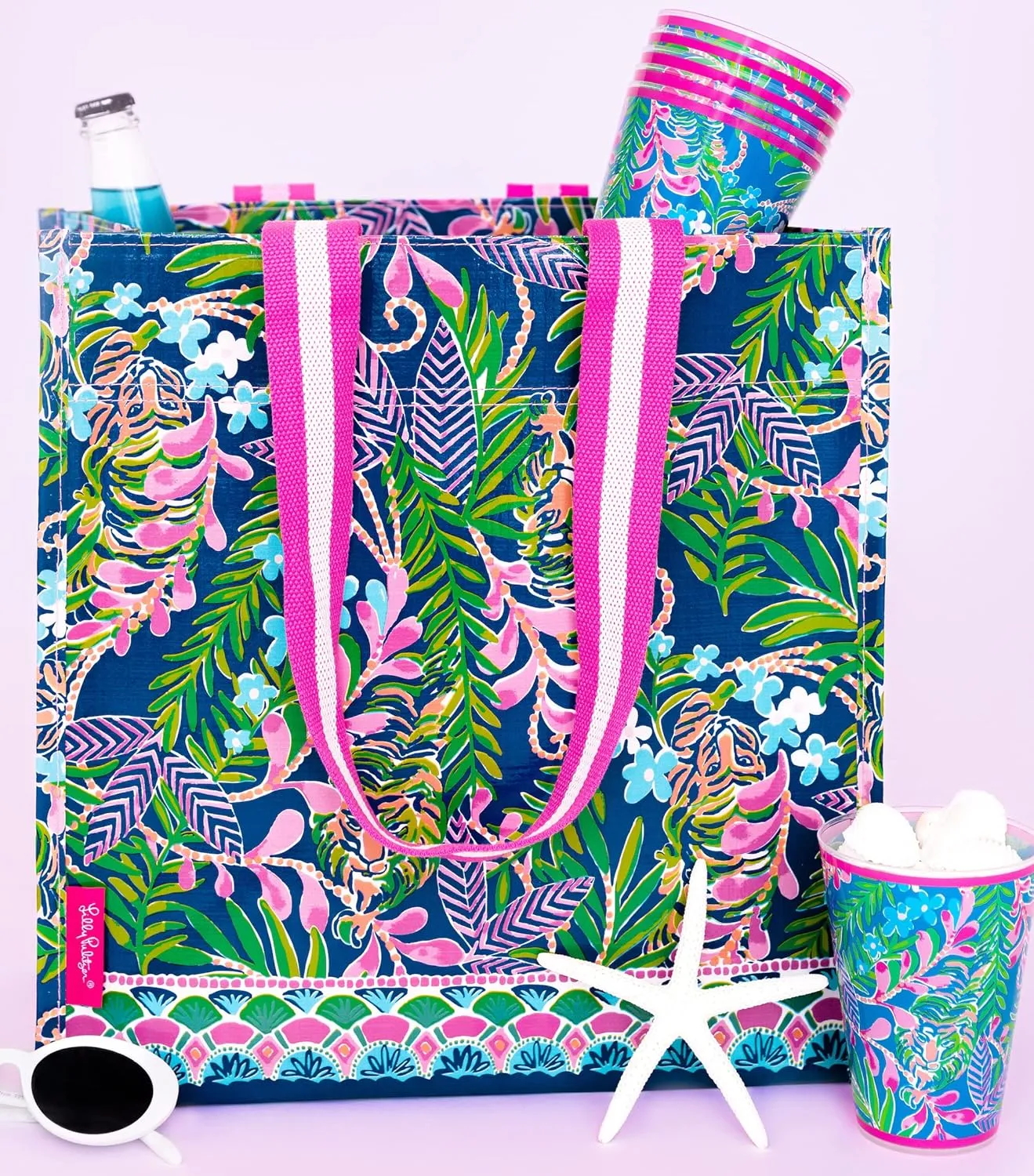 Lilly Pulitzer Market Shopper Bag, Reusable Grocery Tote, Shoulder Bag for Produce or Travel