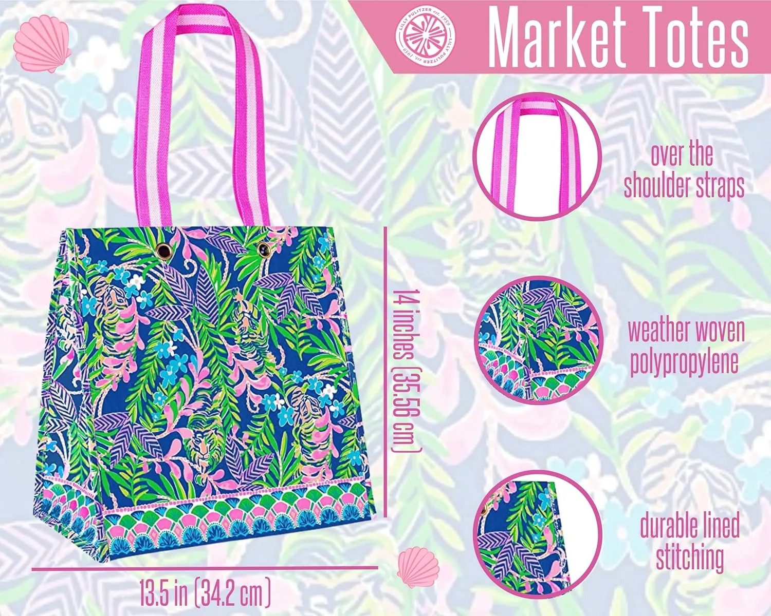 Lilly Pulitzer Market Shopper Bag, Reusable Grocery Tote, Shoulder Bag for Produce or Travel