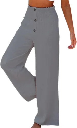 Linen Blend High Rise Smocked Pants,Women's Summer Solid High Waisted Loose Casual Elastic Waist Wide-Leg Trousers