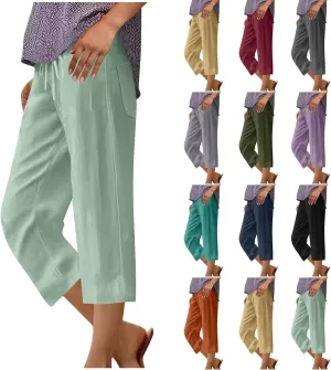 Linen Capri Pants for Women Drawstring Wide Leg Trousers Summer Comfy Casual Capris Beach Clothes with Back Pockets