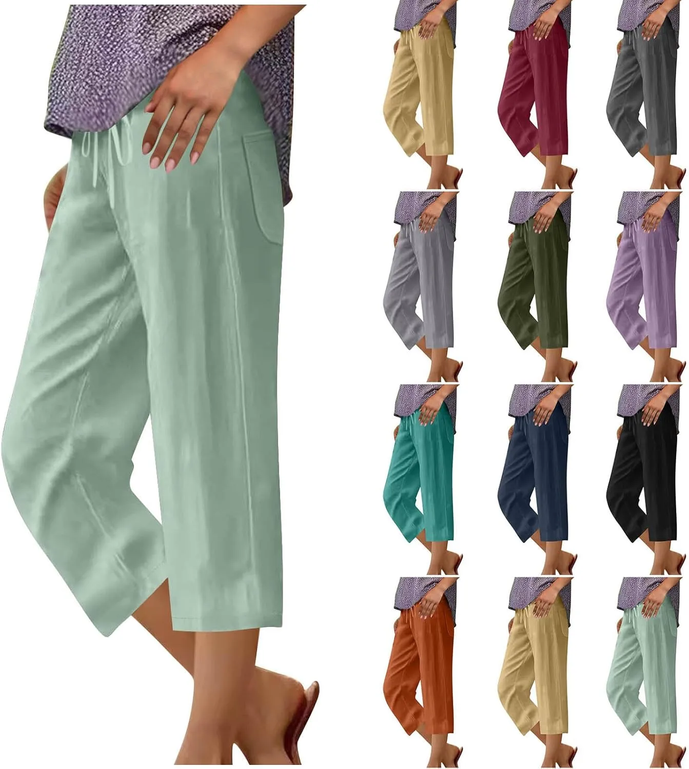 Linen Capri Pants for Women Drawstring Wide Leg Trousers Summer Comfy Casual Capris Beach Clothes with Back Pockets