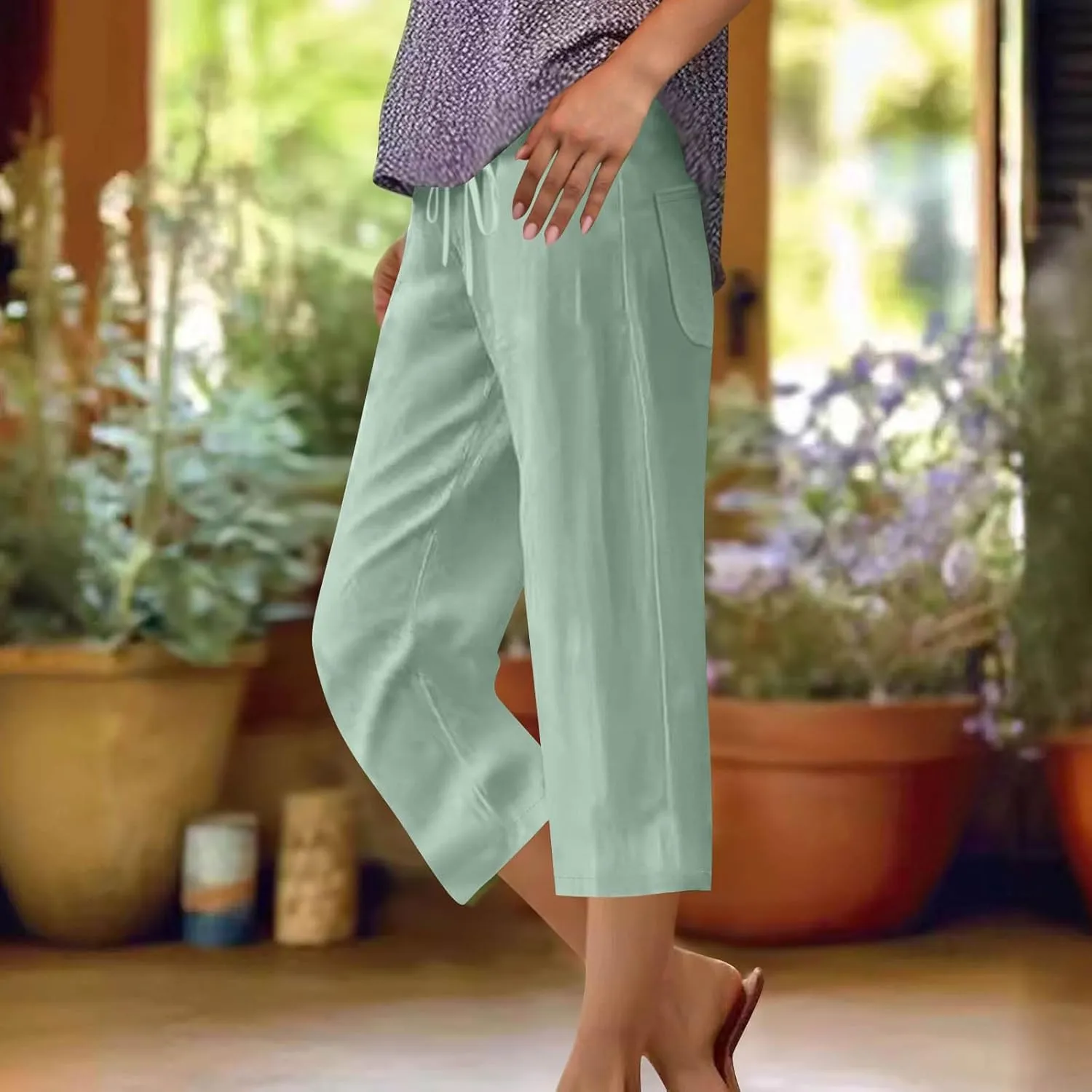 Linen Capri Pants for Women Drawstring Wide Leg Trousers Summer Comfy Casual Capris Beach Clothes with Back Pockets