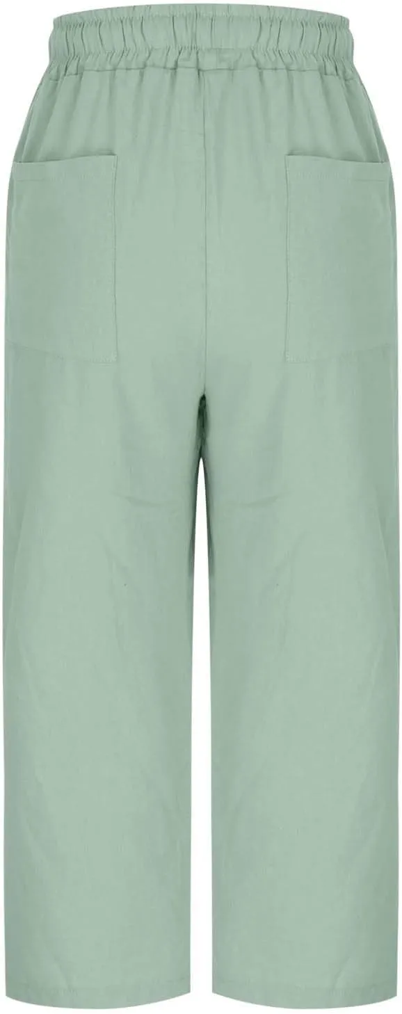 Linen Capri Pants for Women Drawstring Wide Leg Trousers Summer Comfy Casual Capris Beach Clothes with Back Pockets