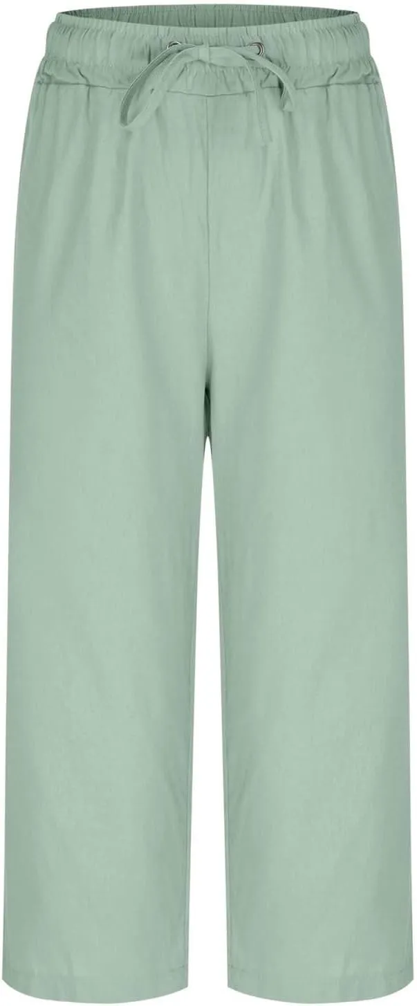 Linen Capri Pants for Women Drawstring Wide Leg Trousers Summer Comfy Casual Capris Beach Clothes with Back Pockets