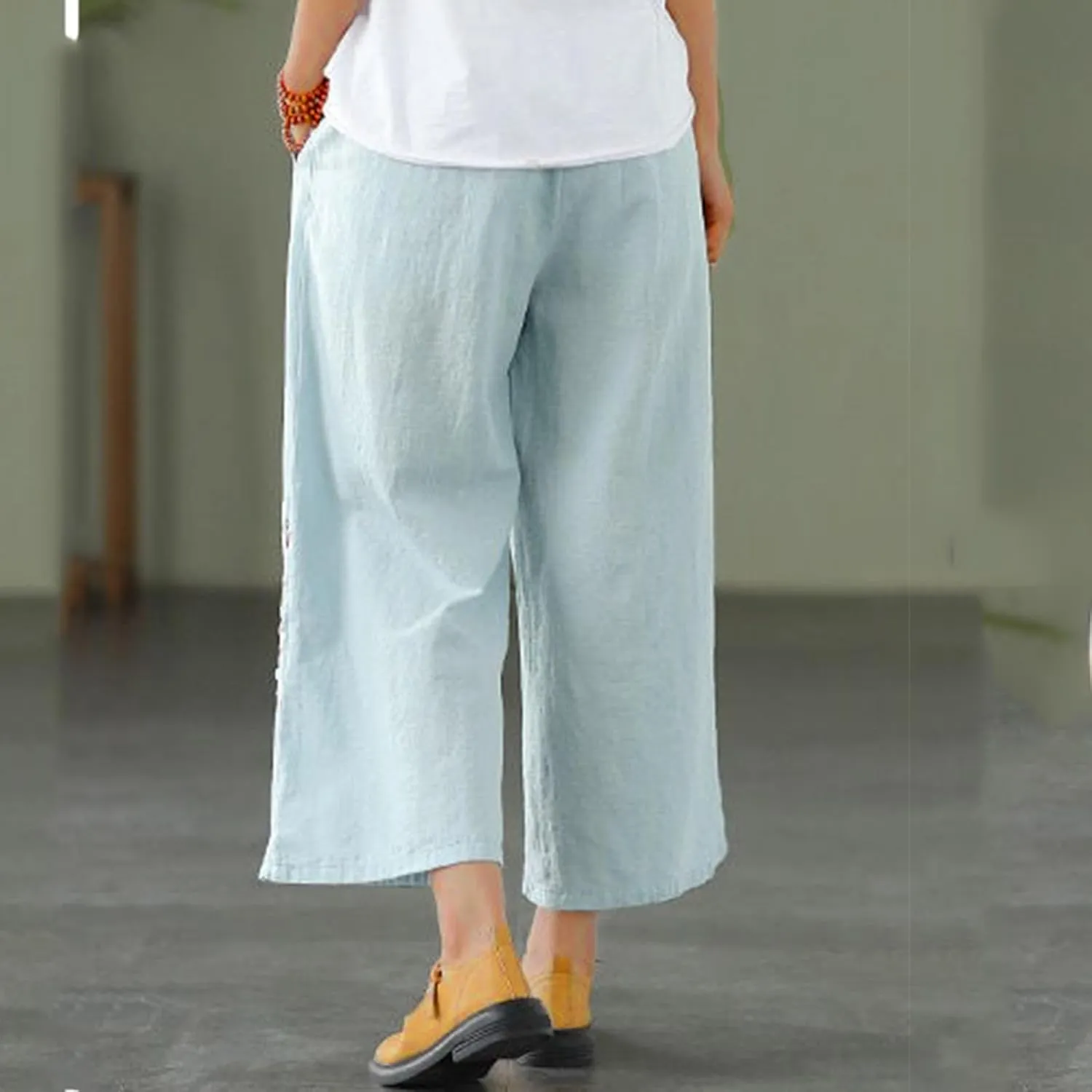 Linen Pants Women Dressy Embroiderd Wide Leg Cropped Trousers Summer High Waist Casual Palazzo Lounge Beach Wear