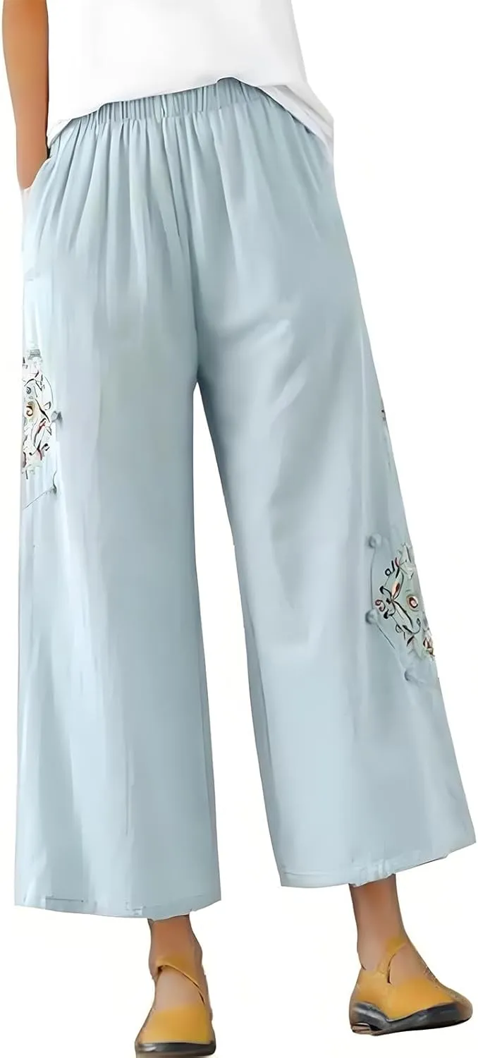 Linen Pants Women Dressy Embroiderd Wide Leg Cropped Trousers Summer High Waist Casual Palazzo Lounge Beach Wear