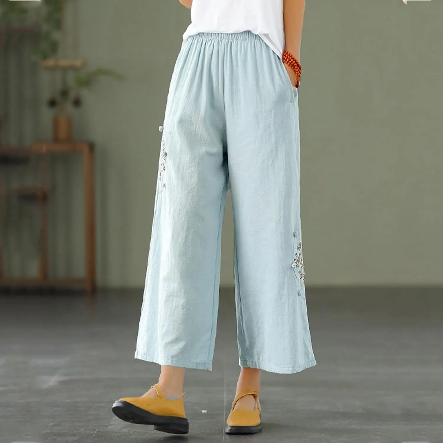 Linen Pants Women Dressy Embroiderd Wide Leg Cropped Trousers Summer High Waist Casual Palazzo Lounge Beach Wear